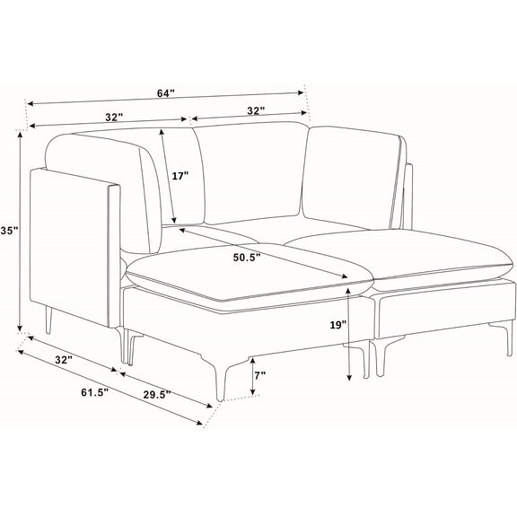Beige sectional sofa with chaise ottoman and tall legs; dimension diagram