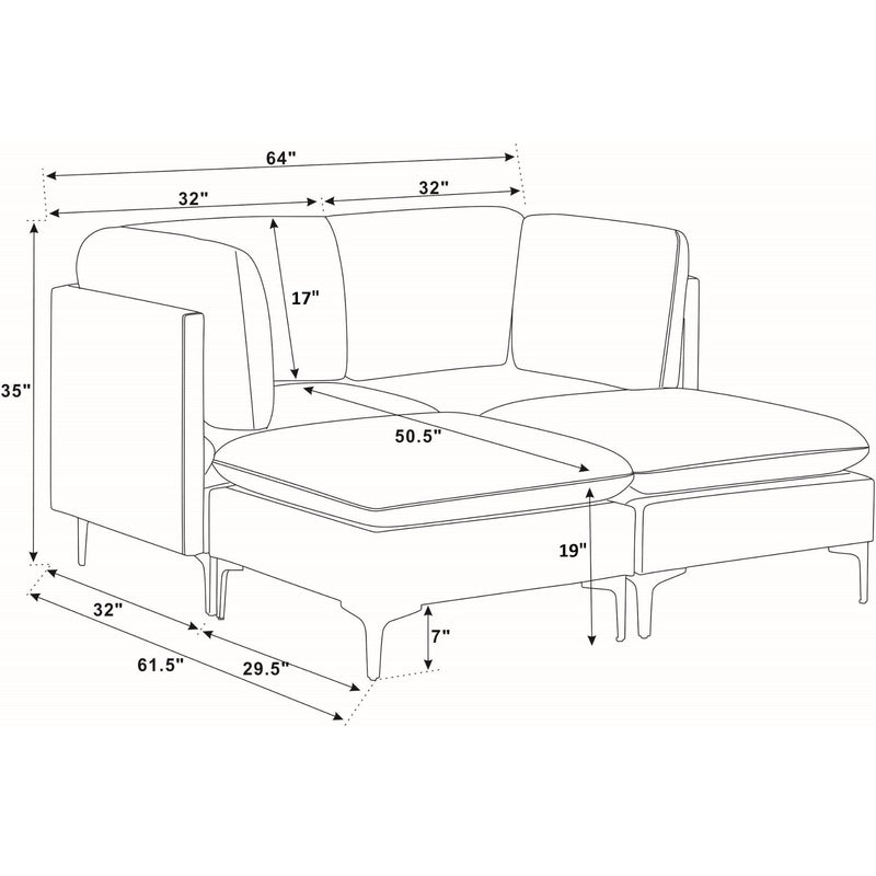 Beige sectional sofa with chaise ottoman and tall legs; dimension diagram