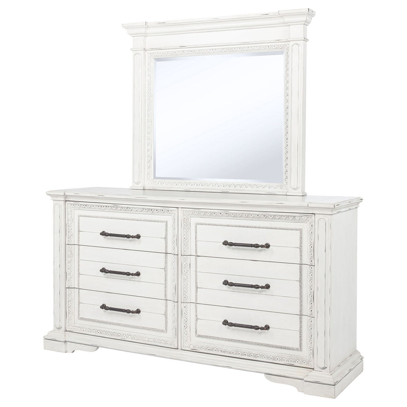 White dresser with mirror and six drawers, distressed vintage finish and dark metal knobs