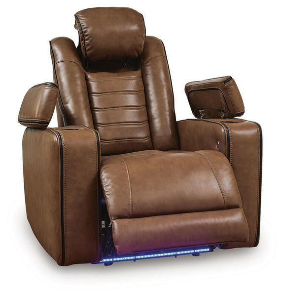 Amber power recliner with adjustable headrest, cushioned footrest and padded arms