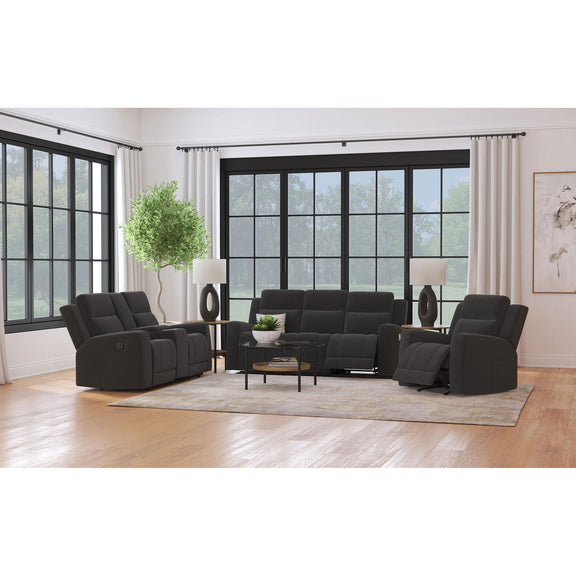 Dark gray reclining sofa set with manual recline, cushioned arms and padded seats