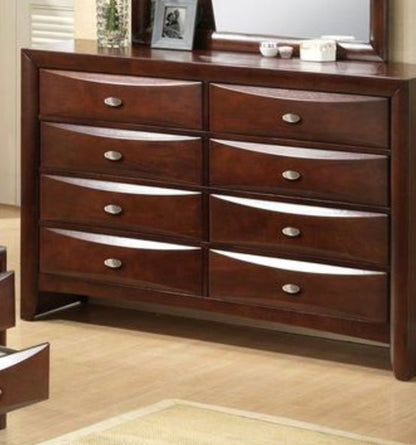 Dark brown storage dresser with eight drawers and round metal knobs, flat wooden top
