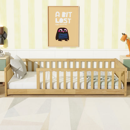 Twin Size Floor Bed with Fence without Door, Rubber Wood Floor Bed with Safety Guardrails, Natural