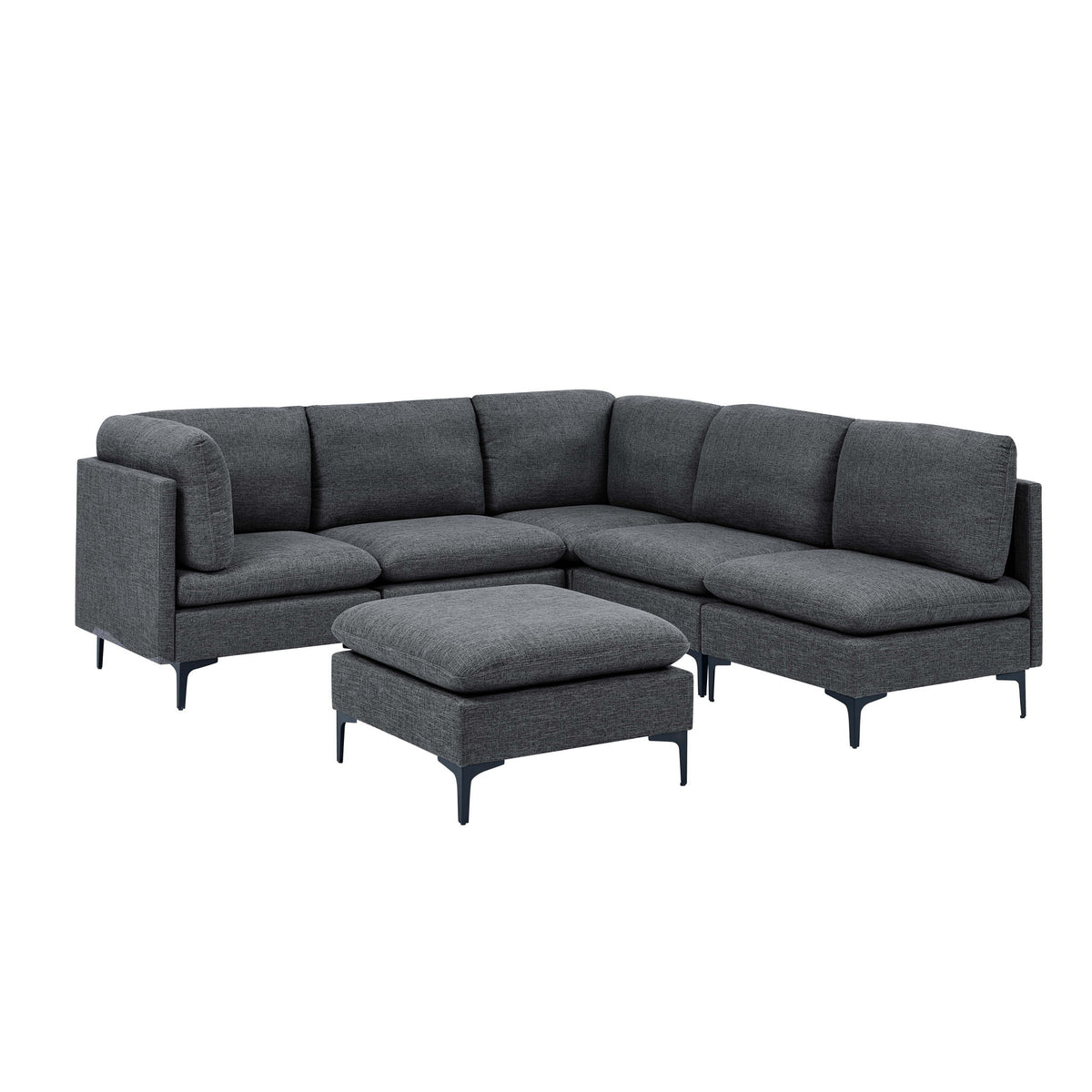 Modular L-shaped sectional sofa with tall legs, upholstered in dark gray, includes ottoman