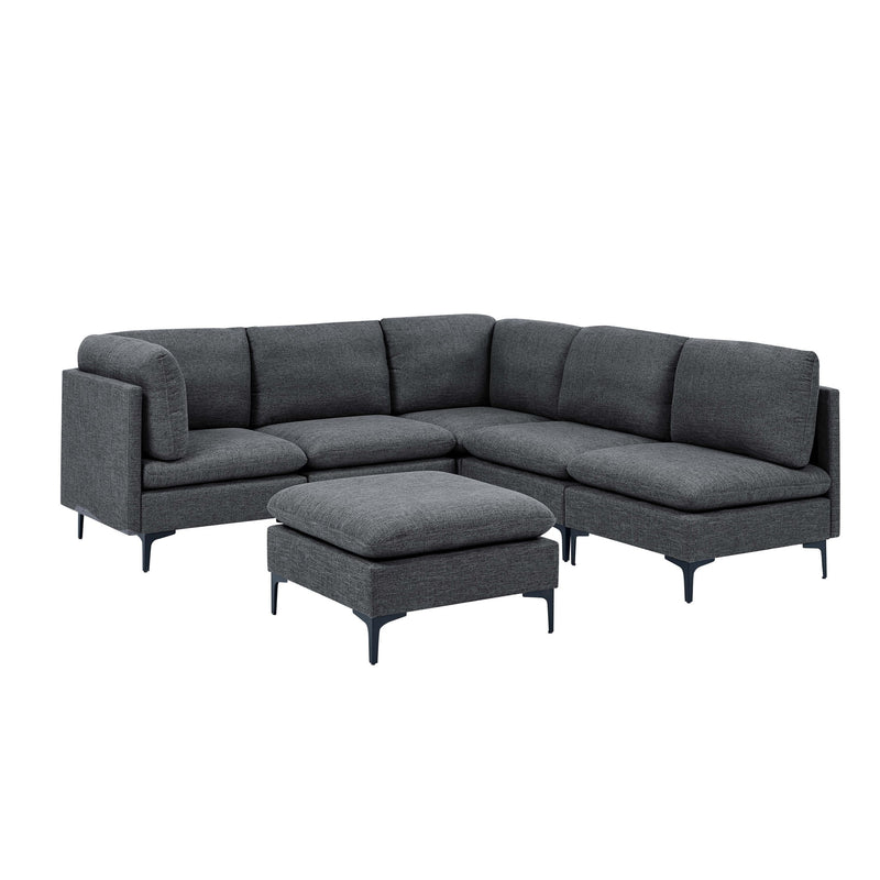 Modular L-shaped sectional sofa with tall legs, upholstered in dark gray, includes ottoman
