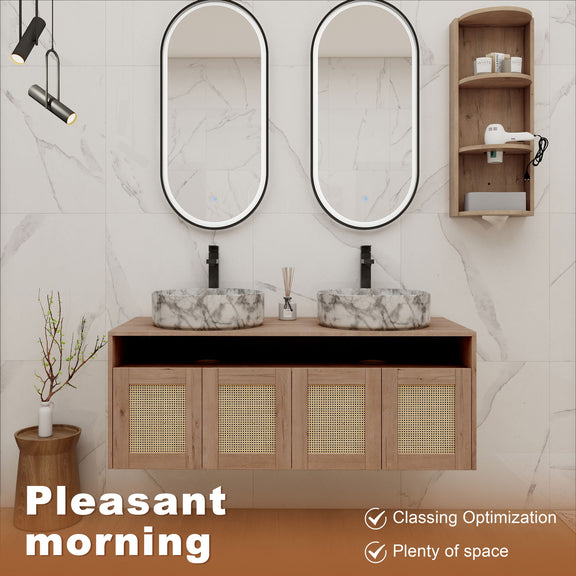Double-sink wall vanity with marble-look countertop, light oak four rattan doors and tall side cabinet