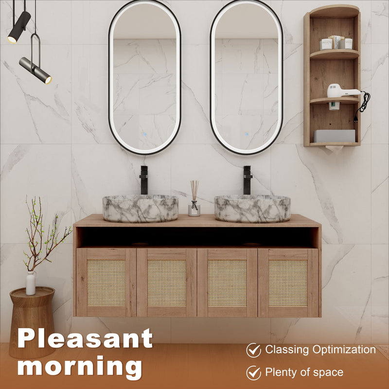 Double-sink wall vanity with marble-look countertop, light oak four rattan doors and tall side cabinet