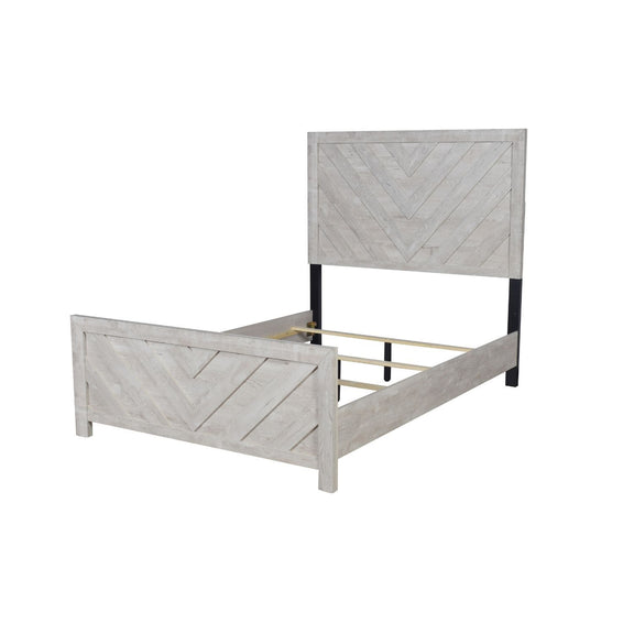 Modern bed with light gray chevron panels, black metal legs, and open underbed frame