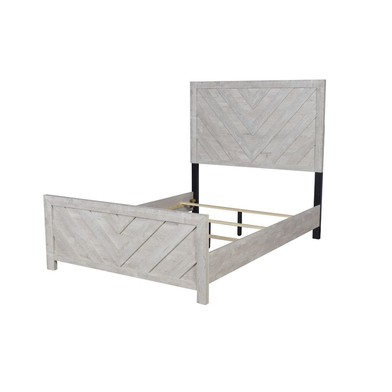 Modern bed with light gray chevron panels, black metal legs, and open underbed frame