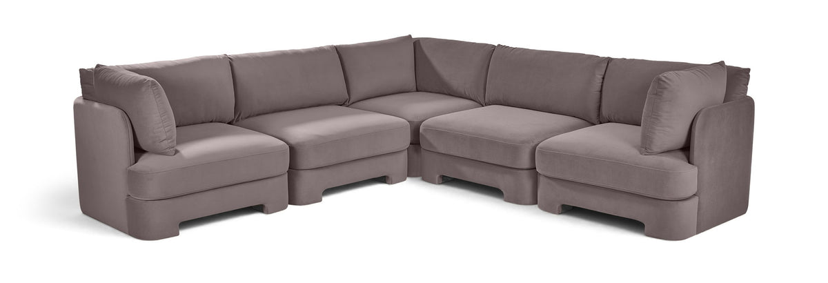 Light gray velvet corner sectional sofa with five-piece modular L-shape and cushioned arms