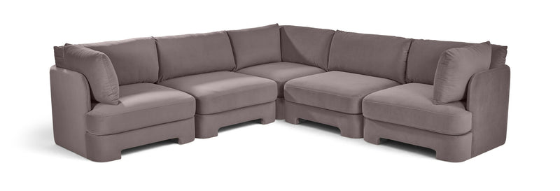 Light gray velvet corner sectional sofa with five-piece modular L-shape and cushioned arms