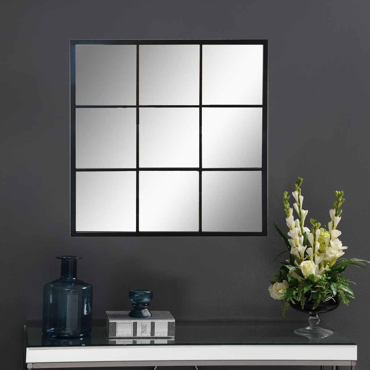 Quetzal 35 x 35 Inch Square Window Pane Wall Mirror Black
