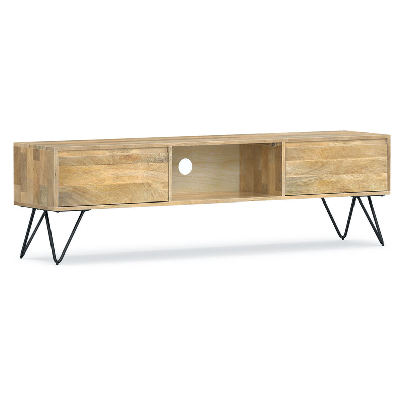 Natural wood TV media console with open center shelf, three storage sections, and slim black legs