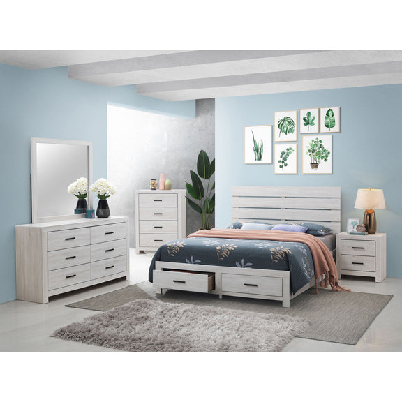White bedroom set with platform bed, slatted headboard, dresser with mirror, nightstand