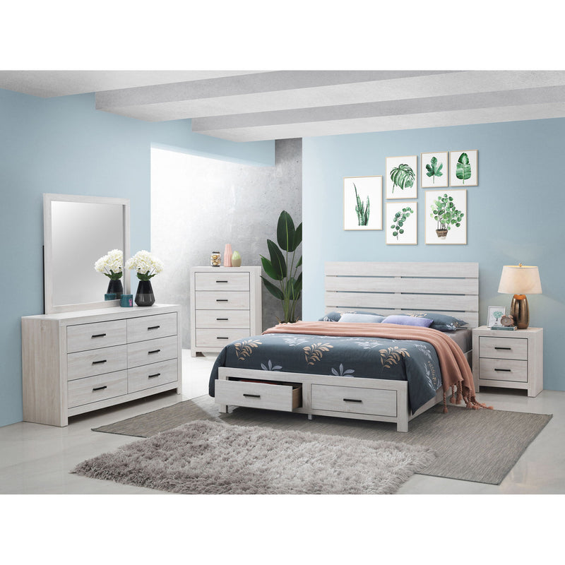 White bedroom set with platform bed, slatted headboard, dresser with mirror, nightstand