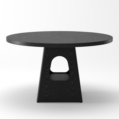 Farmhouse round dining table with storage base, dark wood round top and sculpted pedestal