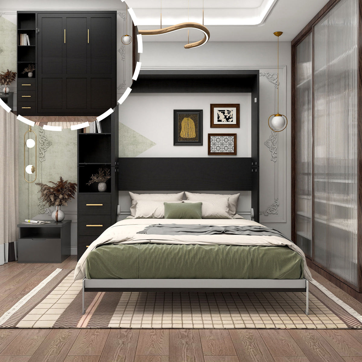 Black vertical murphy wall bed with open left storage cabinets and folded bed frame