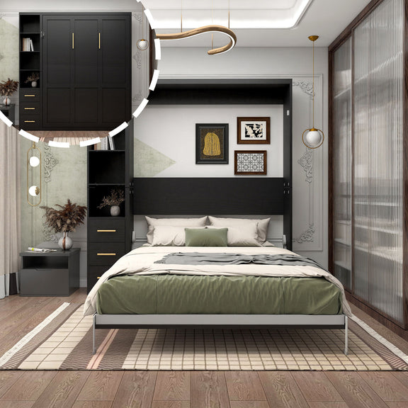 Black vertical murphy wall bed with open left storage cabinets and folded bed frame