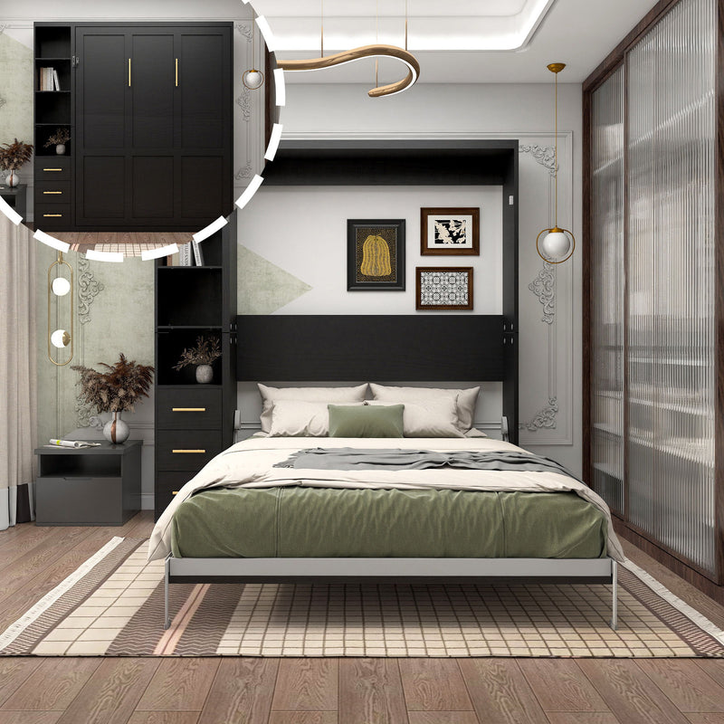 Black vertical murphy wall bed with open left storage cabinets and folded bed frame