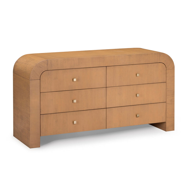 Light brown 6-drawer dresser with curved legs, horizontal drawer layout, and metal knobs