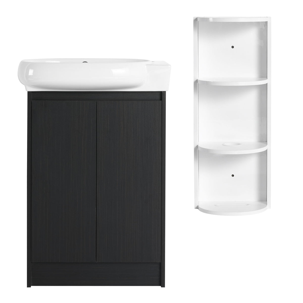 Dark brown freestanding bathroom vanity with oval sink and two soft-close cabinet doors, plus storage rack