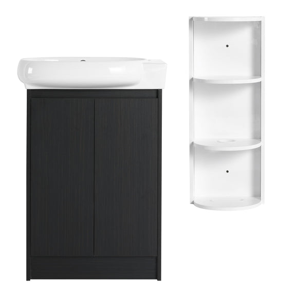 Dark brown freestanding bathroom vanity with oval sink and two soft-close cabinet doors, plus storage rack