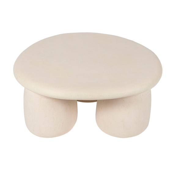 Rahul round coffee table in cream with smooth round top and three short pedestal legs