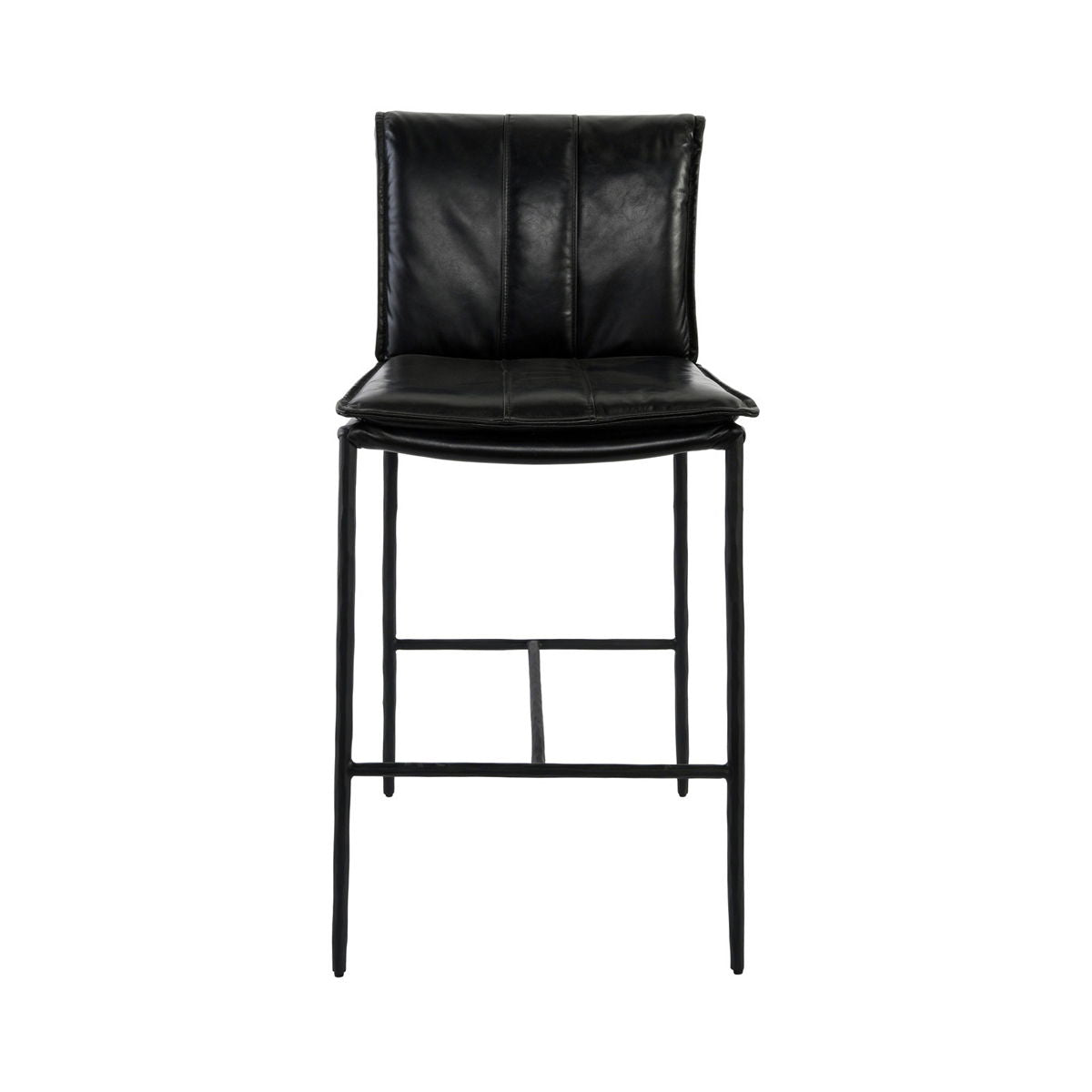 Black bar stool with padded backrest and seat cushion, open metal base