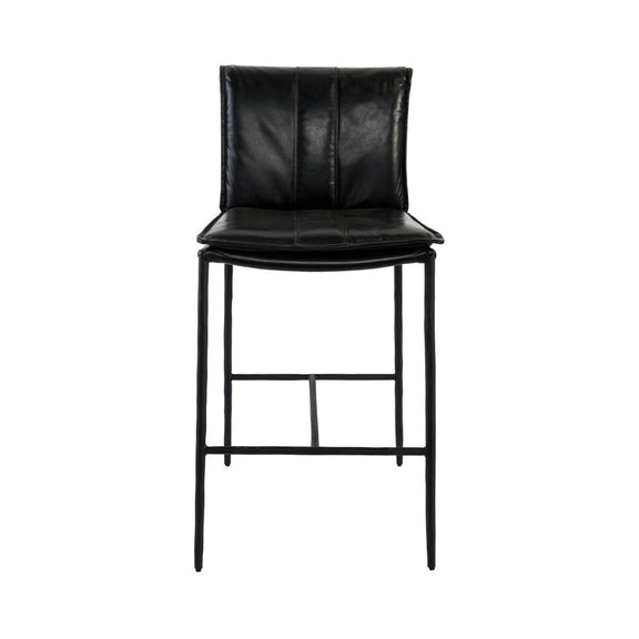 Black bar stool with padded backrest and seat cushion, open metal base