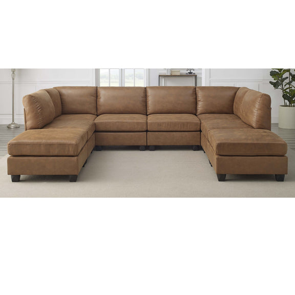 Brown modular sectional sofa with padded armrests and corner chaise ottomans