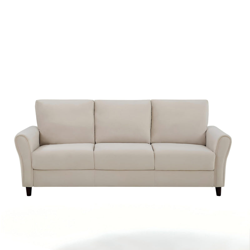 Beige 3-seat sofa with curved arms, box cushions, and tapered dark legs.