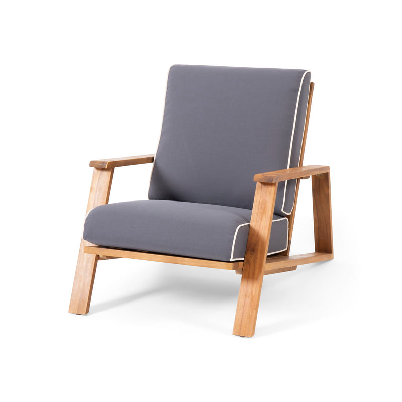 Dark gray outdoor club chair with padded seat and back on light wood armrests