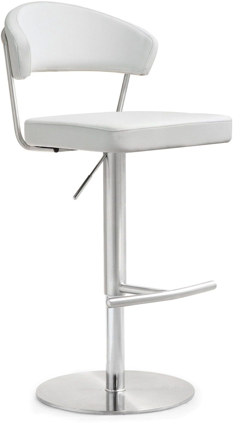 White padded barstool with curved back and seat, chrome base pedestal, and side footrest.