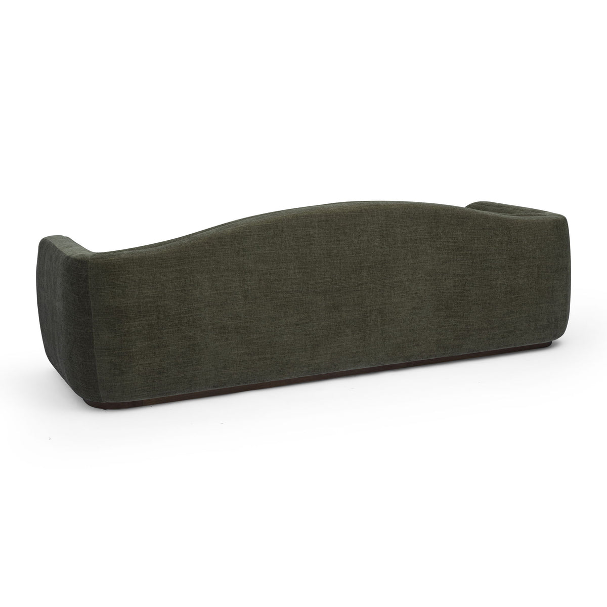 Dark green upholstered sofa with thick bolstered arms and boxy seat