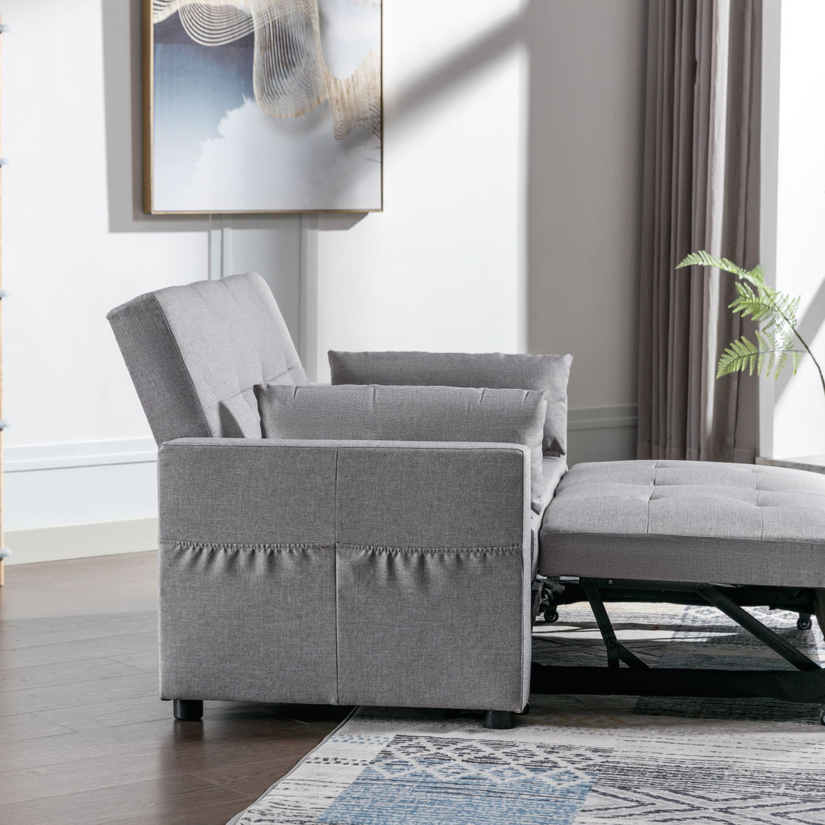 2 Seaters Slepper Sofa Bed Linen Fabric 3-In-1 Convertible Sleeper Loveseat With Side Pocket
