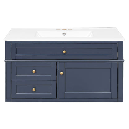 Blue wall-mounted bathroom vanity cabinet with sink, double drawers and center door