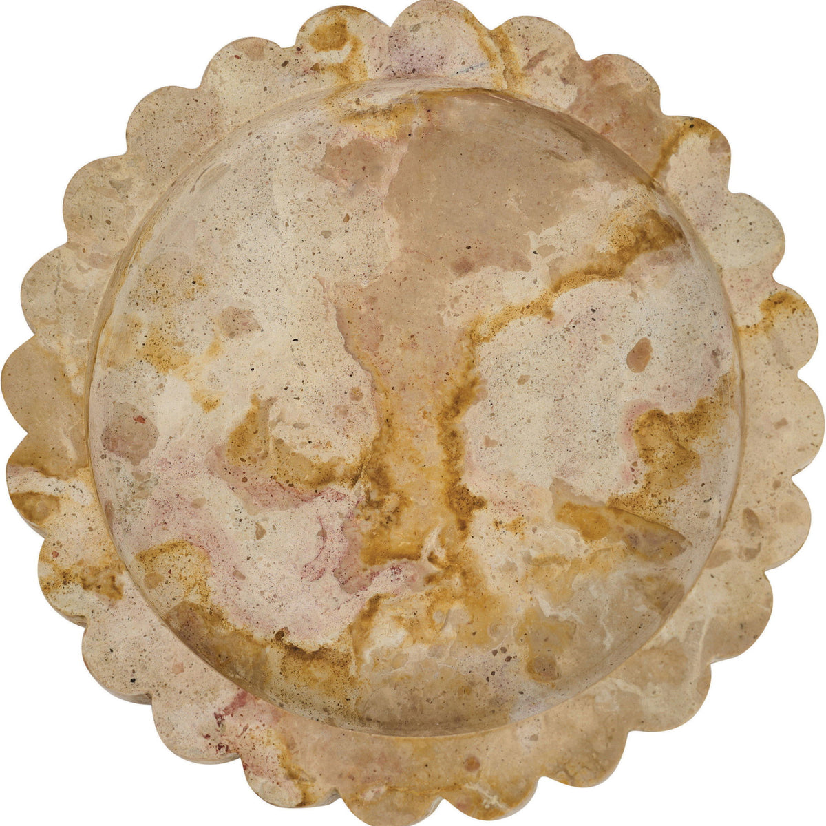Speckled beige marble tray with scalloped rim and round center basin