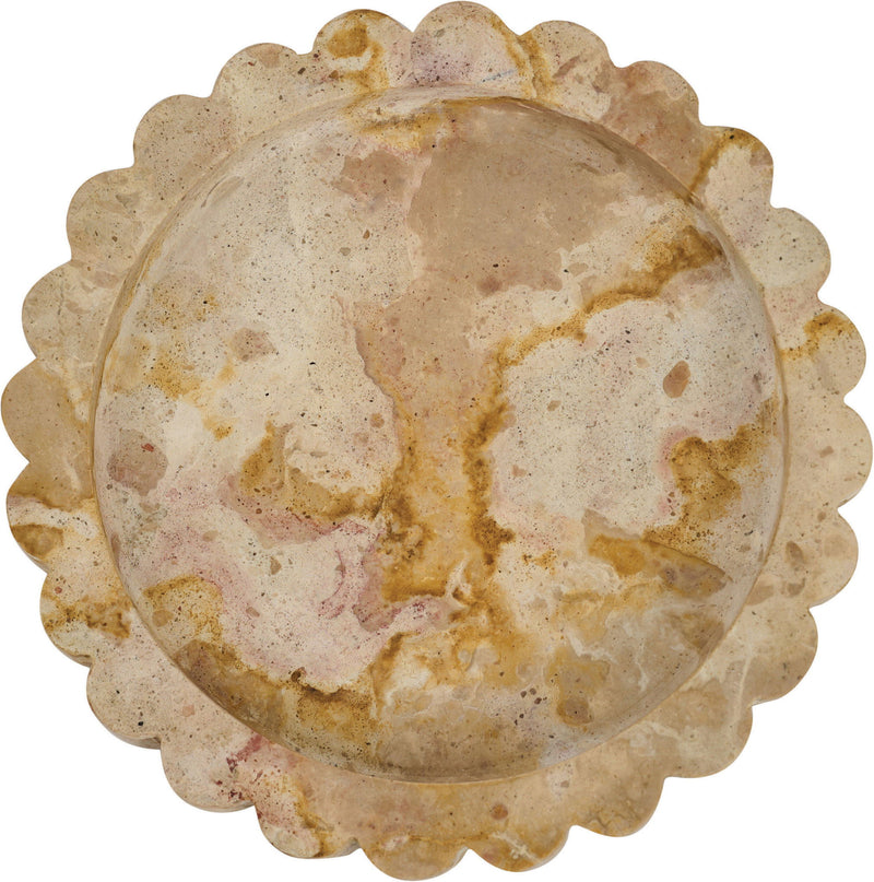 Speckled beige marble tray with scalloped rim and round center basin