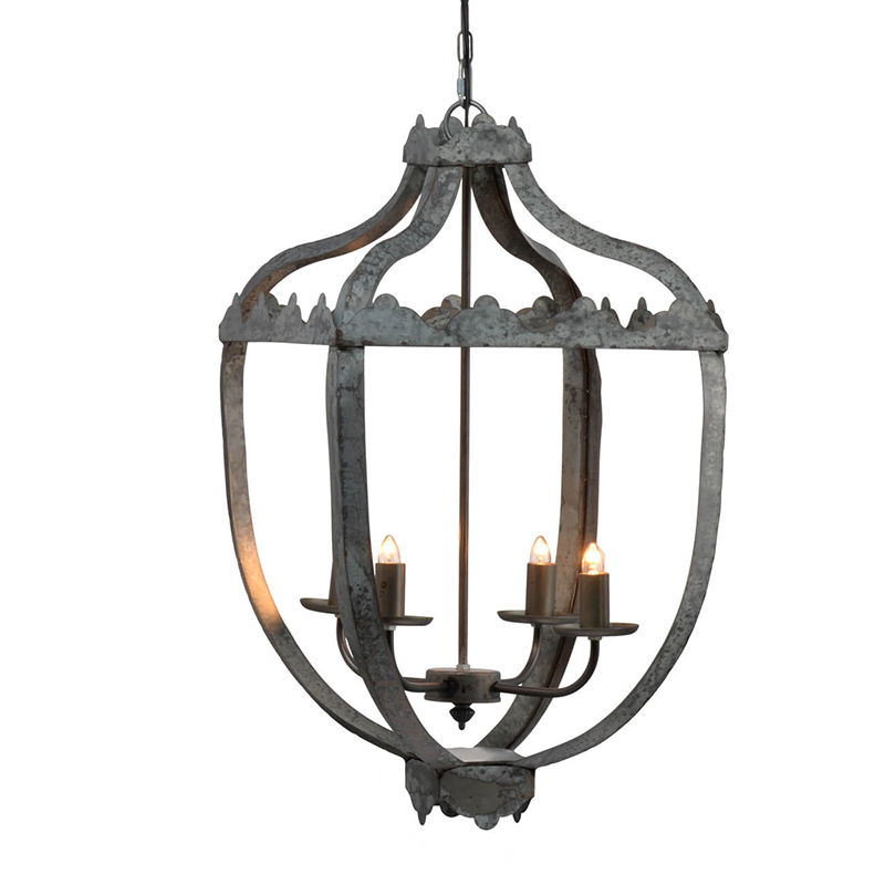 Gray 4-light hanging chandelier with clear glass panels and lit candle bulbs, curved metal frame.