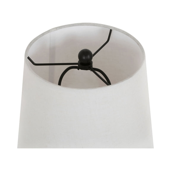 Table lamp with white shade and black arched harp with finial