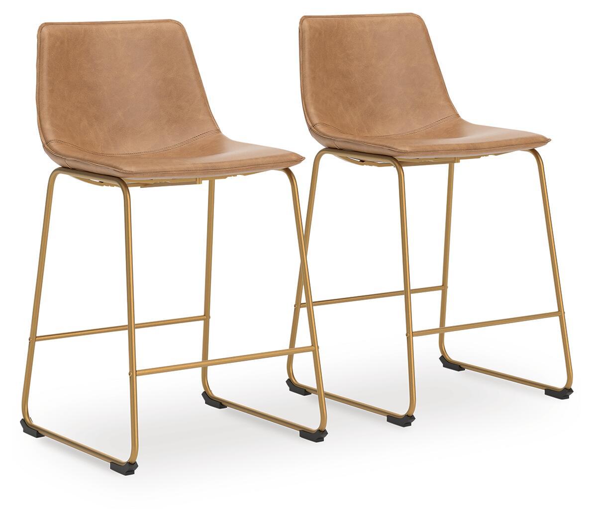 Set of 2 light brown padded barstools, curved backrests, gold legs, and built-in footrests