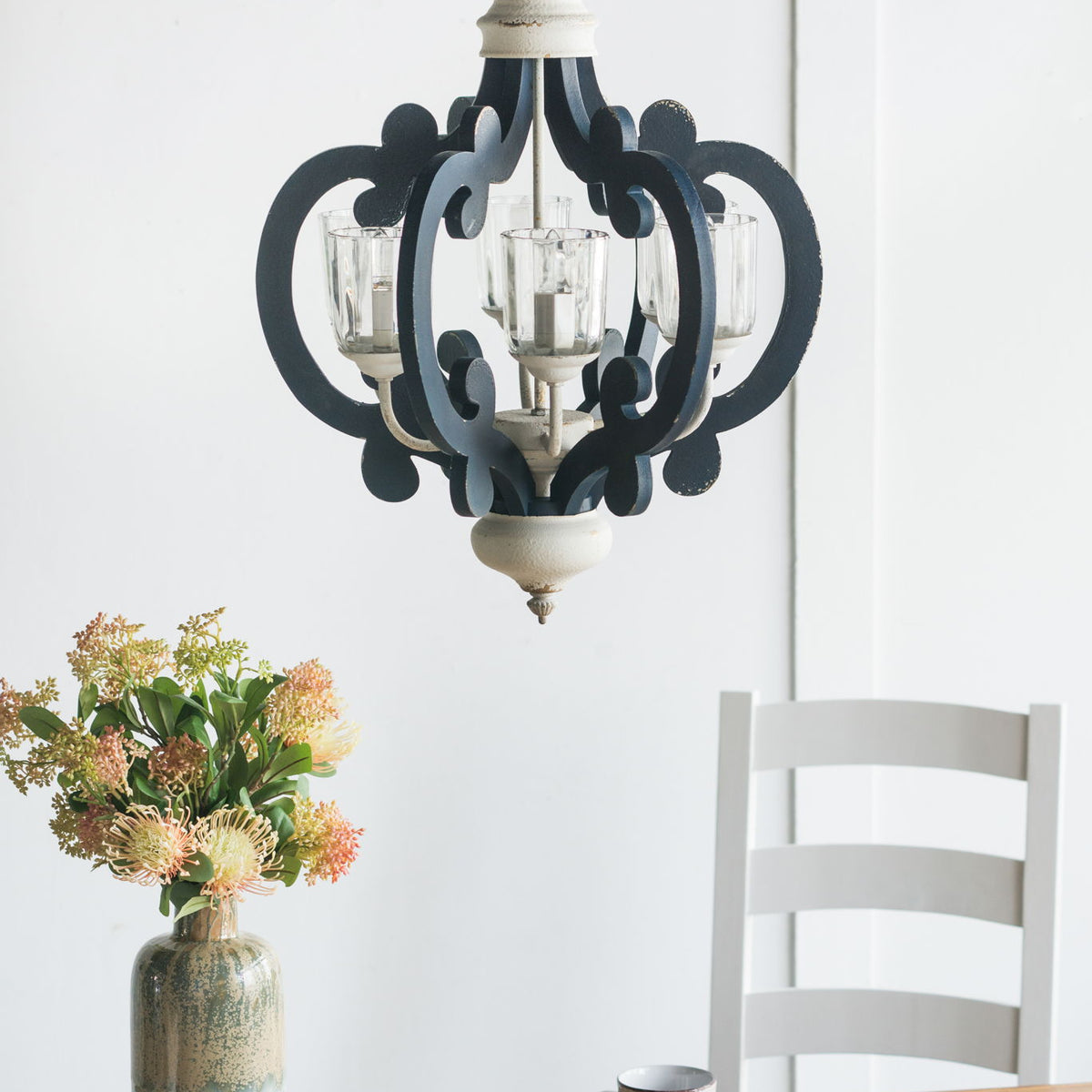 Wood Chandelier 6 Light Farmhouse Pendant Lighting Wood Hanging Light Fixture For Kitchen Living Dining Room, Bulb Not Included - Cream