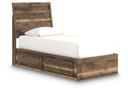 Dark brown panel bed with storage drawers and panel headboard