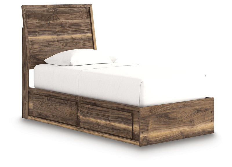 Dark brown panel bed with storage drawers and panel headboard