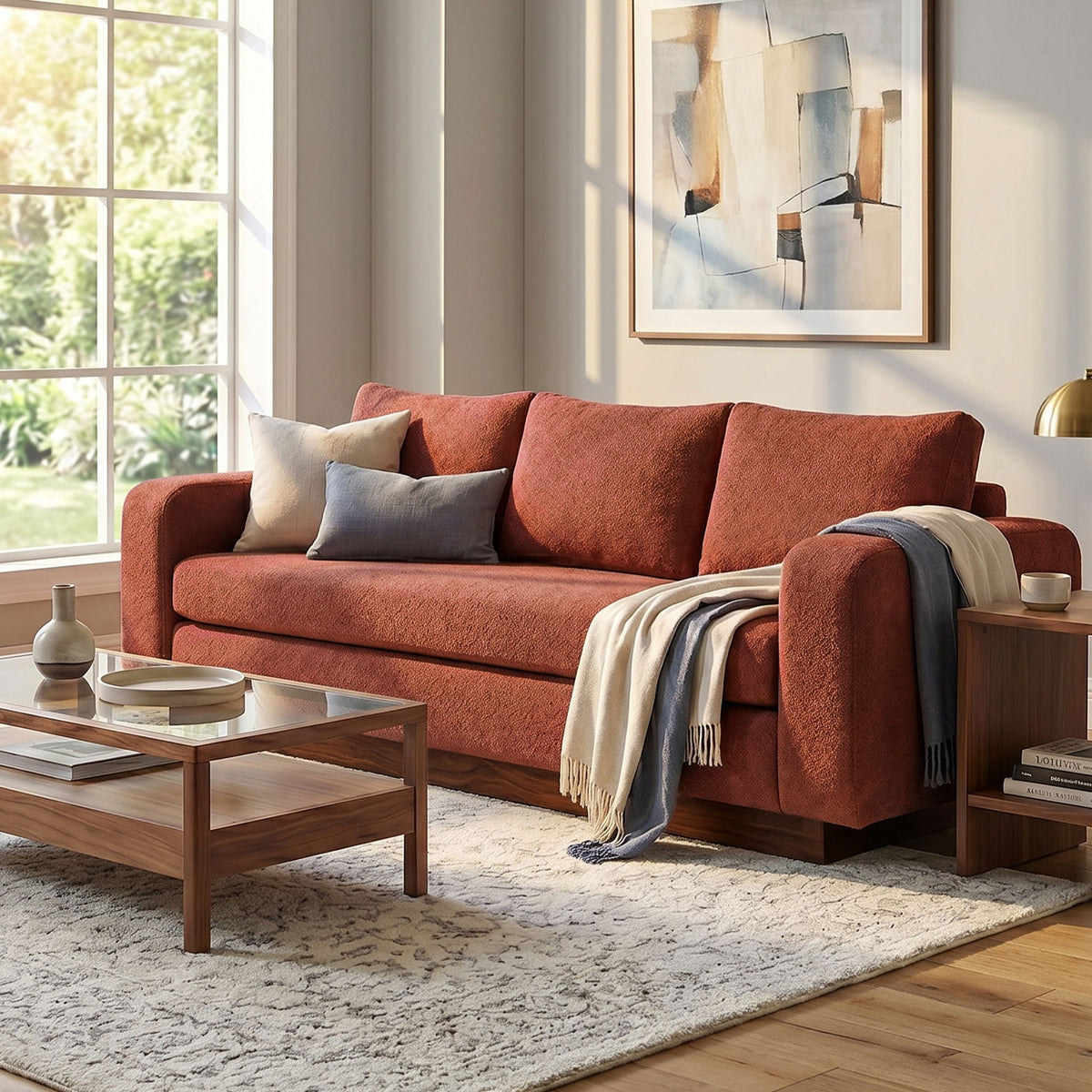 Rust red 3-seater sofa with rounded arms, three back cushions, and throw blanket