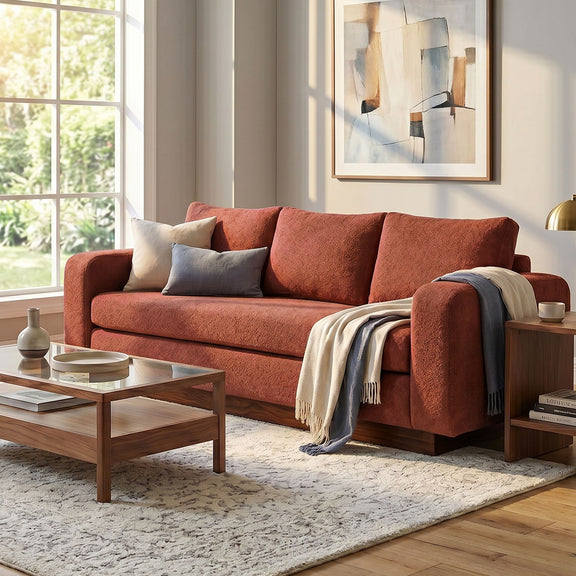 Rust red 3-seater sofa with rounded arms, three back cushions, and throw blanket