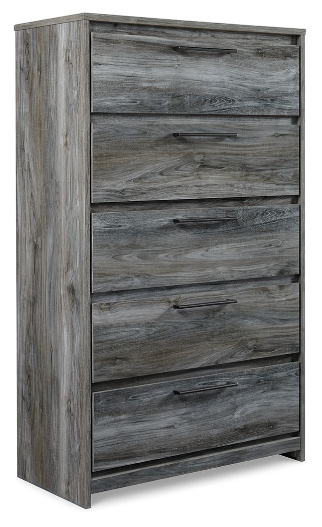 Gray five-drawer chest with horizontal wood-grain panels and metal bar pulls