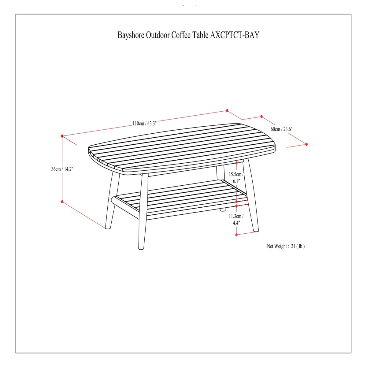 Outdoor coffee table dimension diagram showing slatted top, lower shelf, and measurements