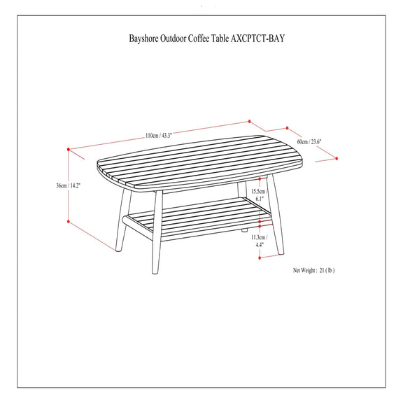 Outdoor coffee table dimension diagram showing slatted top, lower shelf, and measurements