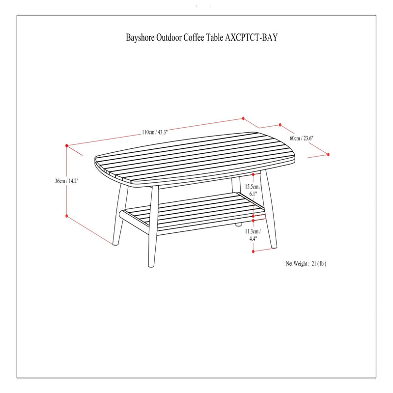 Outdoor coffee table dimension diagram showing slatted top, lower shelf, and measurements